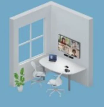 Ilustración de una Huddle Room equipada para videoconferencia